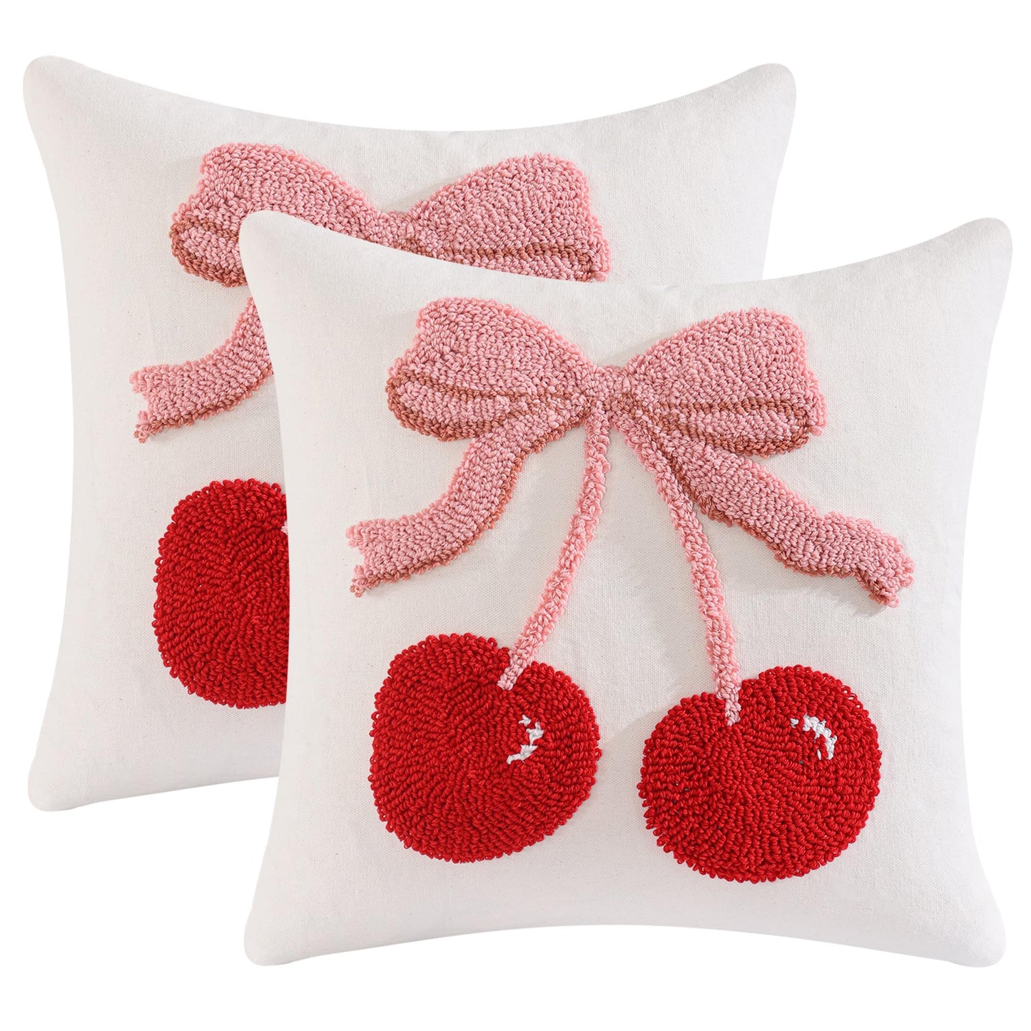 Tosleo Embroidered Throw Pillow Covers 18x18 Pack of 2 Red Cherry Decor Pillow Cover Farmhouse Pillow Cushion Cases Square Tufted Pillowcases for Summer Sofa Couch Bedroom