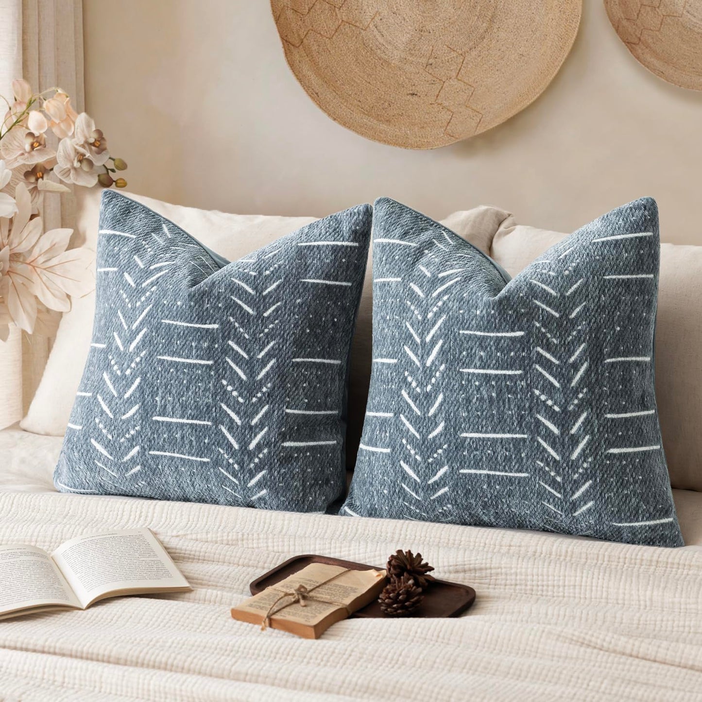 Vivrudil Home Décor Decorative Boho Accent Chenille Throw Pillow Covers Textured Neutral Cushion Covers Soft Farmhouse Pillowcase for Couch Sofa Chair Bed Living Room, 18×18 Inch, Set of 2, Dusty Blue