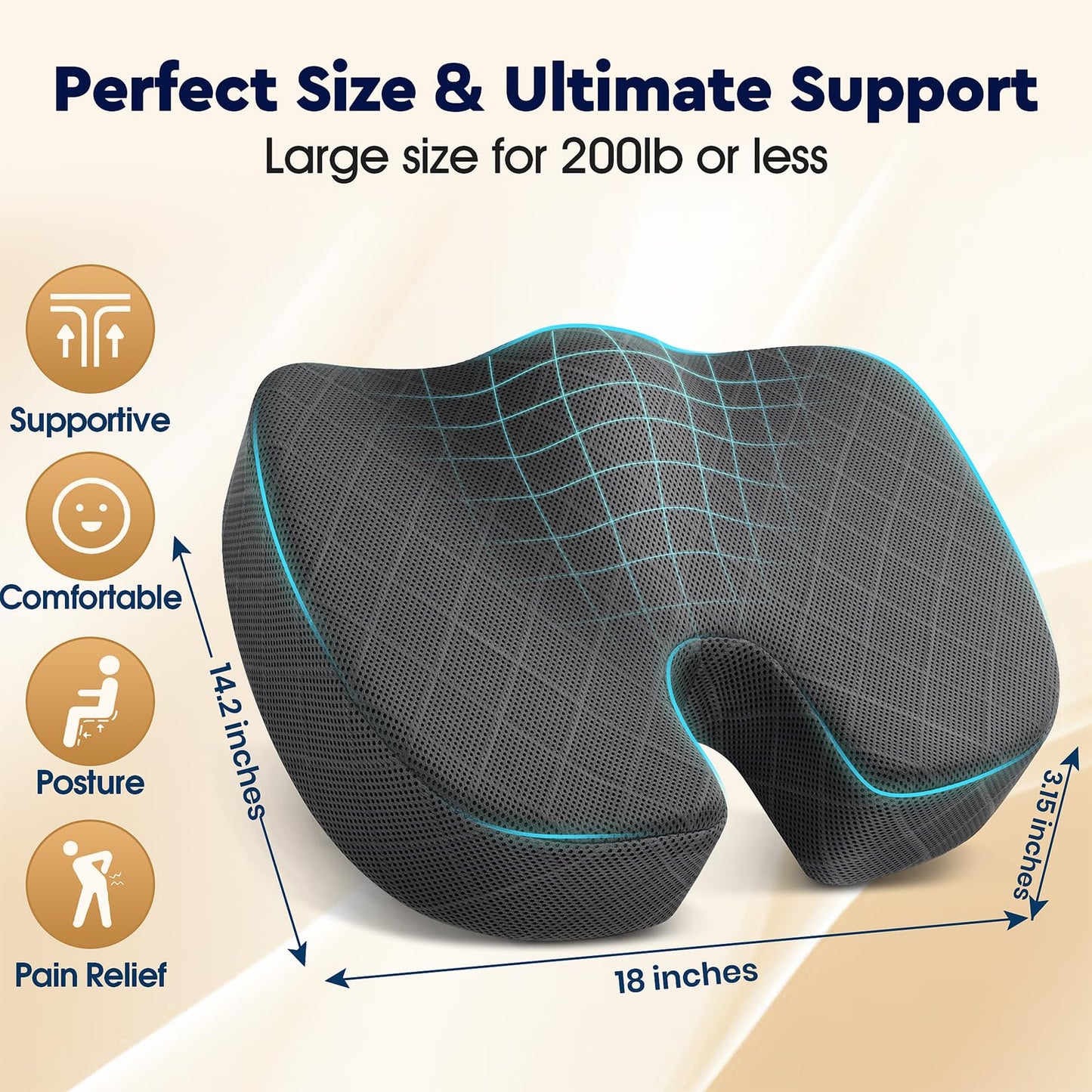 TushGuard Seat Cushion - Memory Foam Sitting Pillow for Office Chair, Car Seat, Airplane, Bleacher - Sciatica & Hip & Coccyx Pain Relief Desk Chair Cushion for Long Sitting Office Workers, Car Drivers