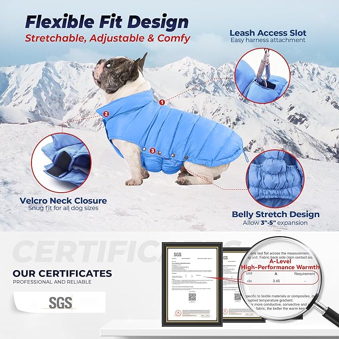 SPACE LION Dog Puffer Jacket, Down Winter Coat, Durable Outdoor Coat for Cold and Windy Conditions, Lightweight & Adjustable Fit Coats for Small Dogs, (Alaskan Blue, Size 8 Gift Box)