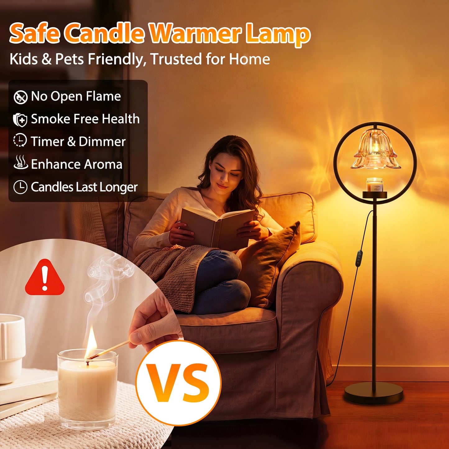 Candle Warmer Lamp with Timer & Dimmer, Black Candle Warmer Light for Jar Candles, Birthday Gifts for Women Mom Her, 50W Candle Floor Lamp for Wax Melt Warmer Modern Room Decor Light for Home(2 Bulbs)