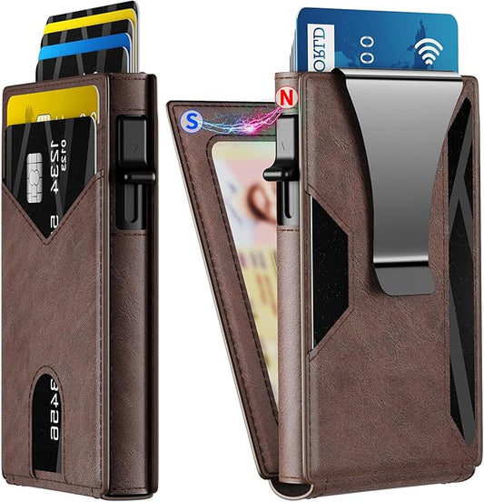 KISUEDZP Wallet for Men Slim RFID Blocking-Metal Smart Pop-Up Credit Card Holder with 2 ID Windows, Holds 8-10 Cards,Bifold Minimalist Front Pocket Wallet & Money Clip,Men's accessories (Coffee)