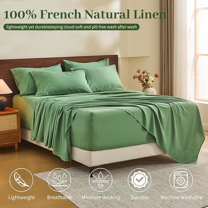 MEISHANG 100% French Pure Linen Sheets King Size - 6 PC Extra Deep Pocket Sheet Set, Soft Durable Flax Linen, Anti-Tear Breathable & Oeko-Tex Certified 18-24 Deep Pocket,All Season(Sage Green)