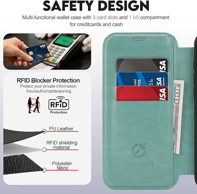 CIVICASE for iPhone 17 Wallet Case with Stand,PU Leather Flip Credit Card Holder Slots (RFID Blocking),Compatible with Magsafe Magnetic Holder Phone Cover Women Men,Green