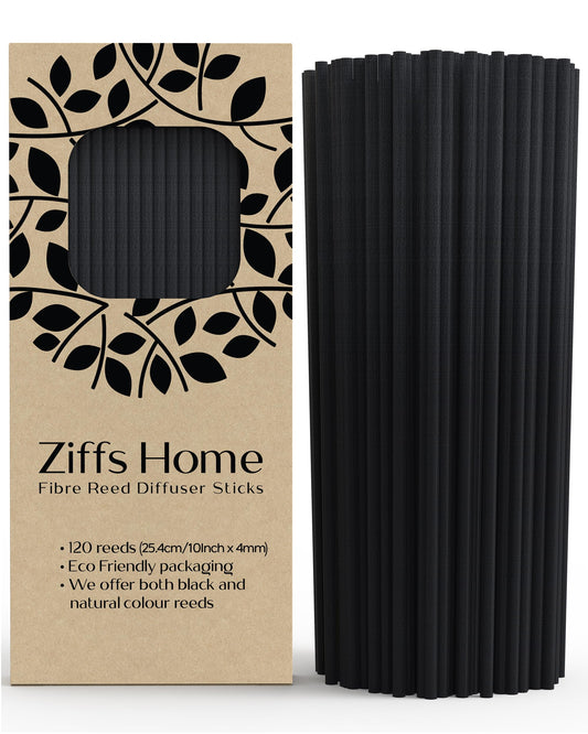 Ziffs Home® 120pcs Black Fibre Reed Diffuser Sticks - 25.4cm/10 Inches in x 4mm/0.16in - Thick Reeds Sticks - Fibre Reeds for Diffusers