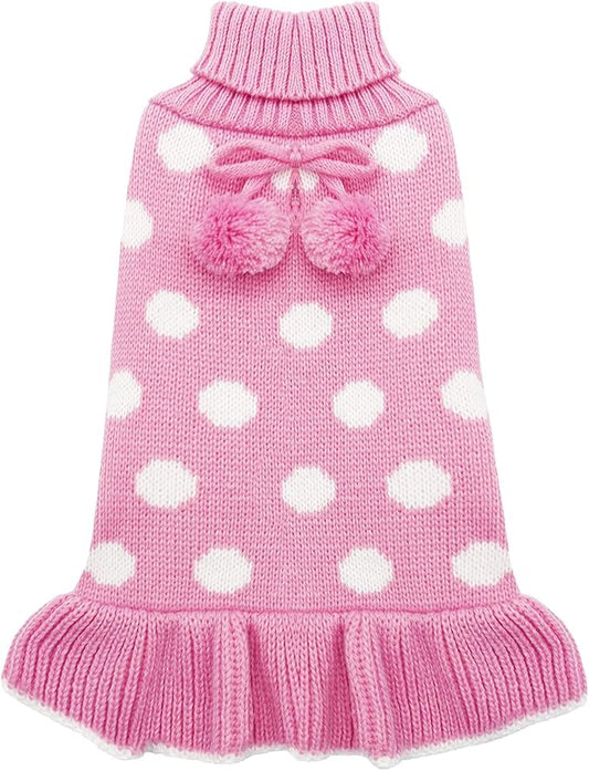 KYEESE Valentines Dog Sweater Dress, Warm Dog Sweaters for Small Medium Dogs Girl, Cozy Pullover Dog Clothes Pet Apparel with Leash Hole, Pink Dot, XL