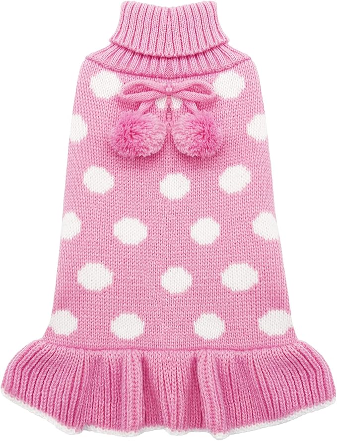 KYEESE Valentines Dog Sweater Dress, Warm Dog Sweaters for Small Dogs Girl Cats Dogs Clothes, Pullover Cozy Knit Pet Appare with Leash Hole, Pink Dot, S