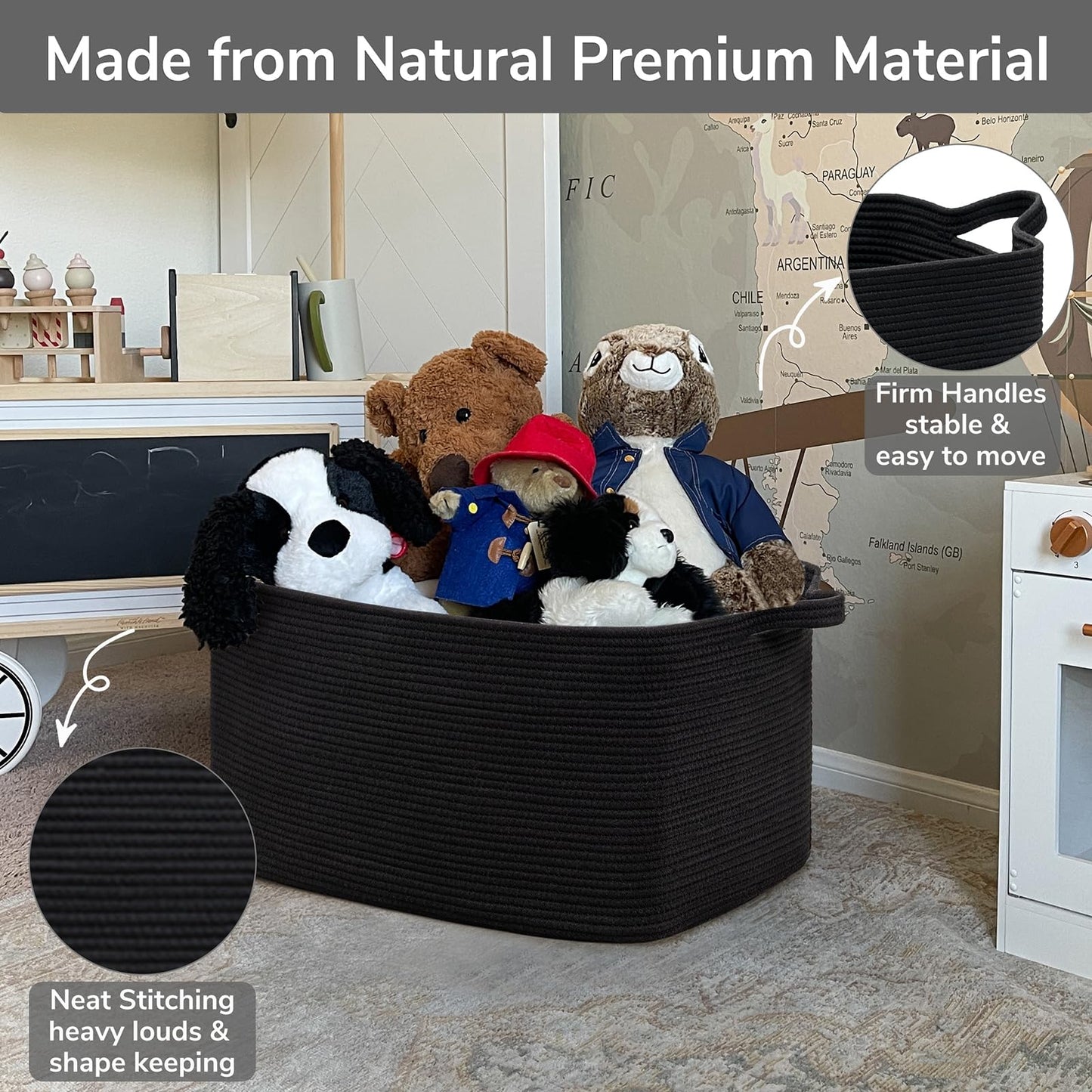 Goodpick Large Blanket Basket Living Room, 21.6" x 14.9" x 11.8" Woven Storage Basket for Blankets, Toys, Rectangle Rope Dirty Clothes Baskets for Nursery, Bedroom, Black