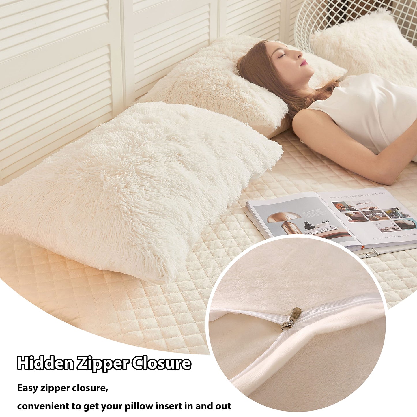 LIFEREVO 2 Pack Cream Faux Fur Pillow Shams,Shaggy Plush Home Decorative Luxury Series Super Soft Furry Pillow Case with Zipper Closure for Home Sofa Couch,Standard (Light Beige,20"x26")