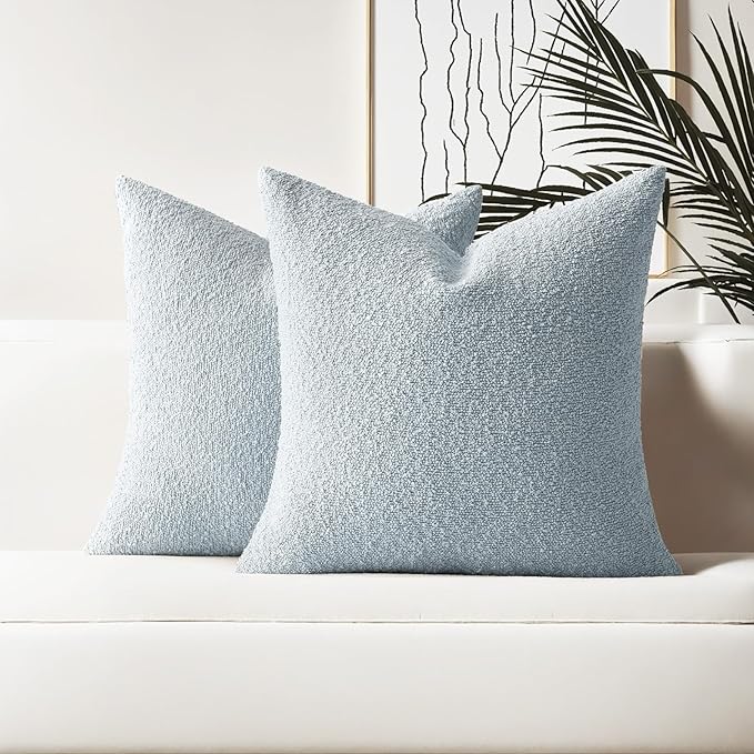 HAUSSY Set of 2 16x16 Decorative Throw Pillow Covers, Soft Cozy Textured Boucle Couch Cases, Home Decor for Couch Bed Living Room, Dusty Blue