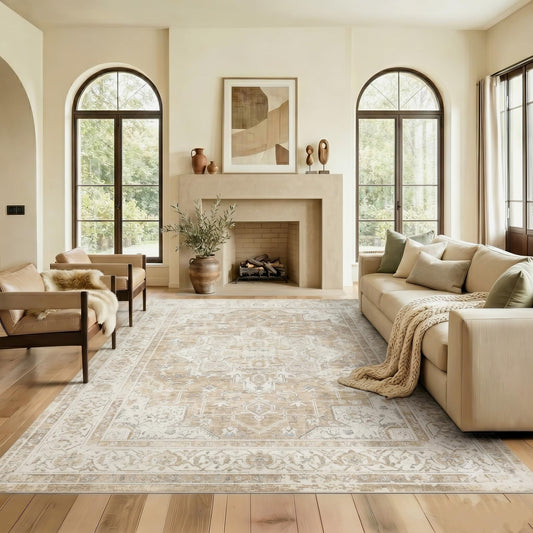 Syrlfar 5x7 Area Rug for Living Room-Vintage Farmhouse Boho Floral Neutral Washable Stain Resistant Indoor Carpet for Bedroom Office and Home Decor(Beige&Brown)