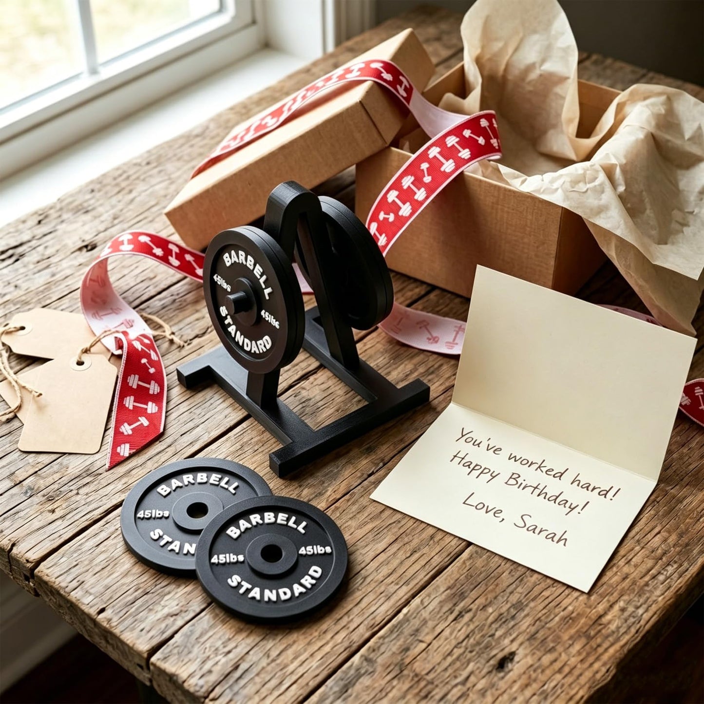 Weight Plate Coaster Set with Rack, 4 Pack Barbell Bumper Plate Drink Coasters, Durable Non-Slip Drink Mats, Unique Gym Gifts, Home Gym Decor & Workout Accessories