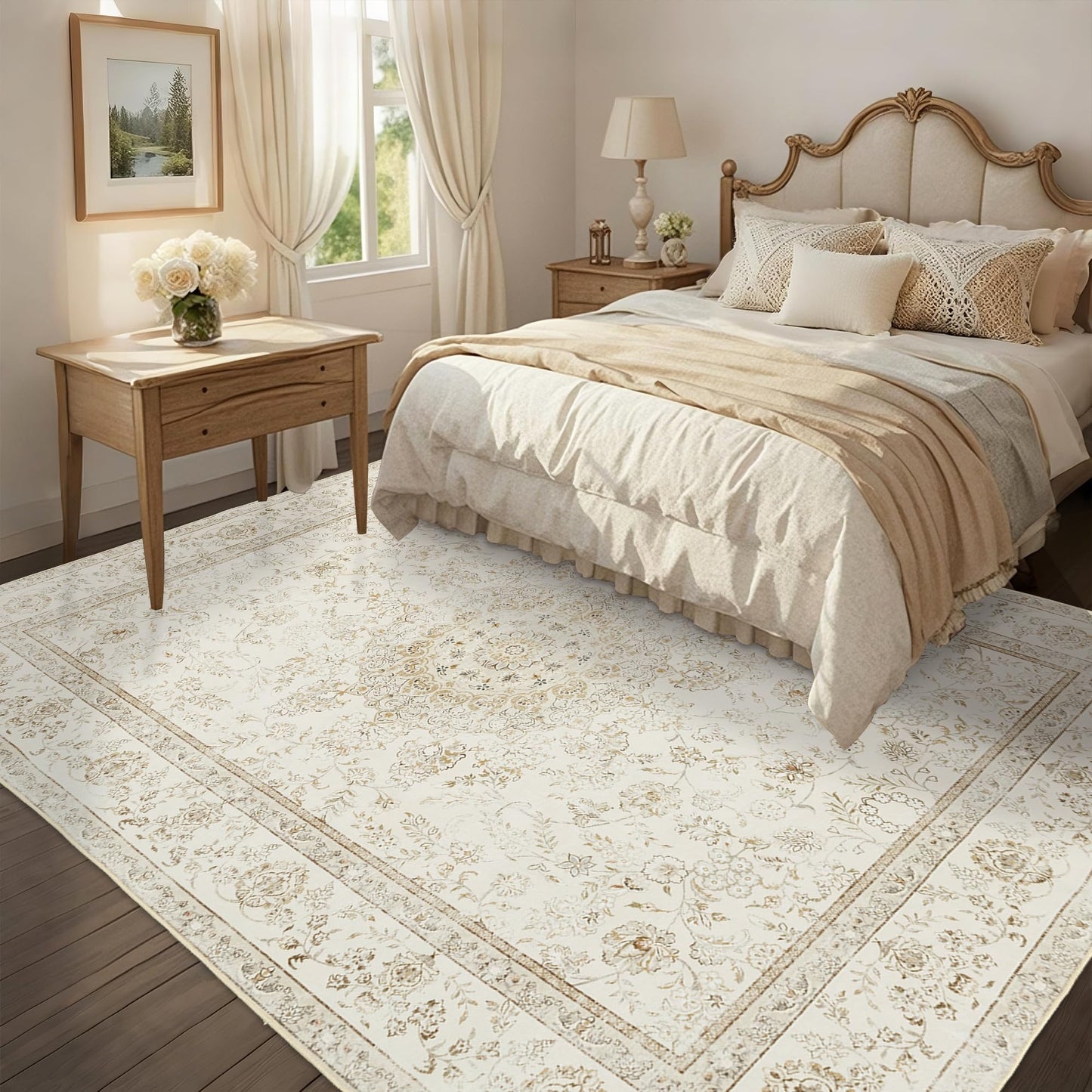 Farmhouse Washable Rug for Living Room: Boho 5x7 Area Rugs for Bedroom Soft Non Slip - Thin Stain Resistant Carpet for Dining Room Indoor - Cream Beige