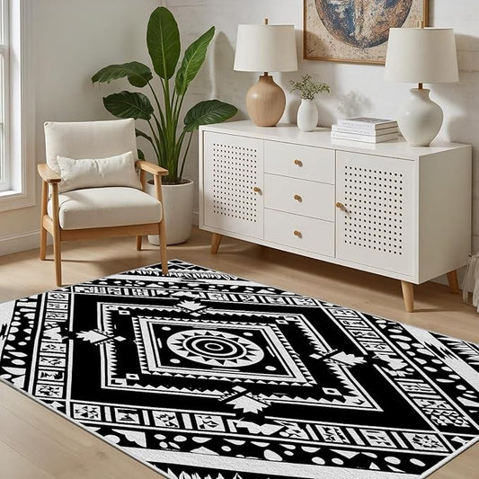 Area Rugs for Living Room 8x10, Moroccan Washable Low Pile Rug, Boho Neutral Farmhouse Ultra Soft Carpet for Bedroom Dining Room Home Decor, Geometric Print Tribal Carpets Black and White