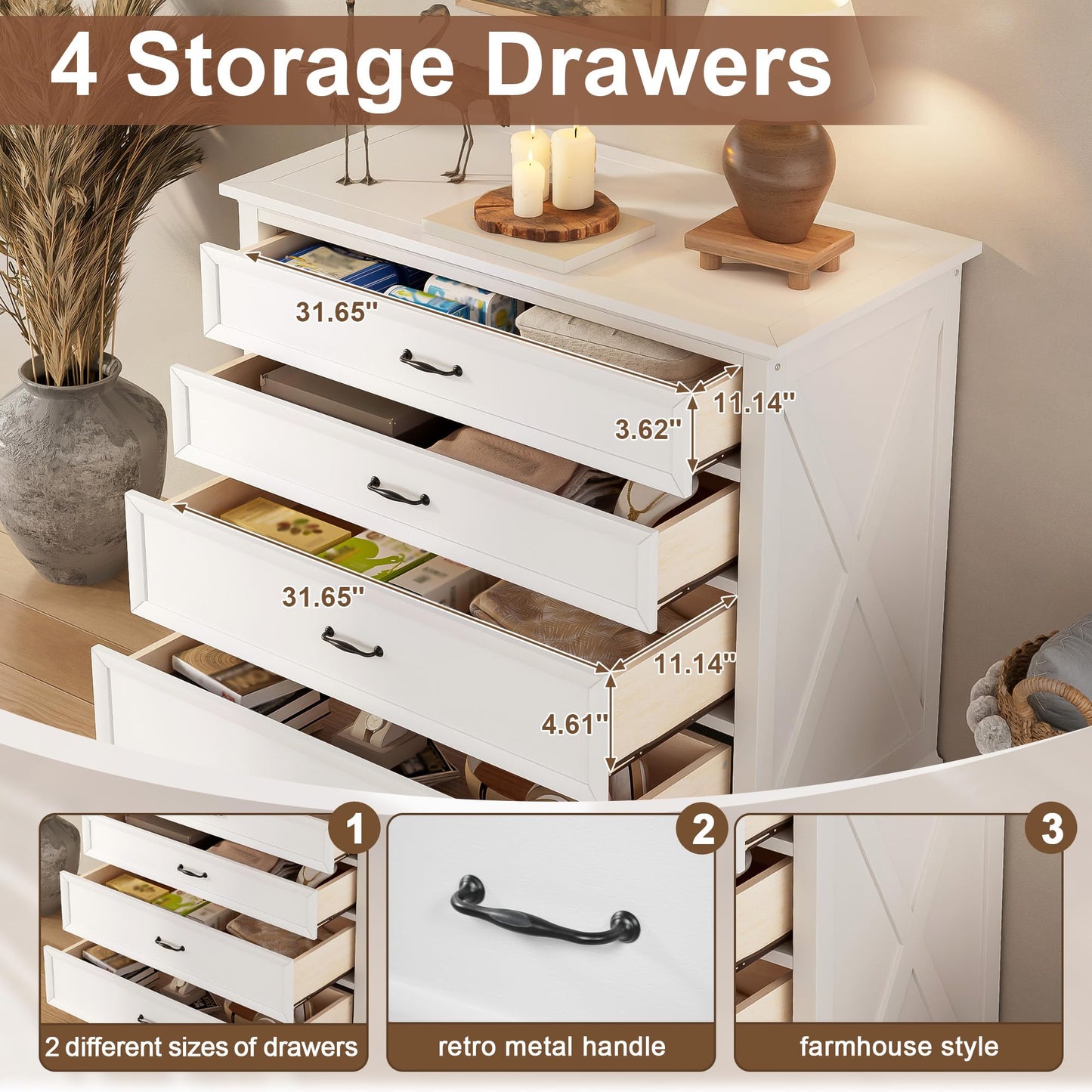 Harper & Bright Designs 4 Piece Bedroom Set, Rustic Queen Size Bedroom Furniture Sets with Storage Nightstands and 1 Dresser, Bedroom Furniture Sets with Wood Platform Bed Frame for Bedroom, White