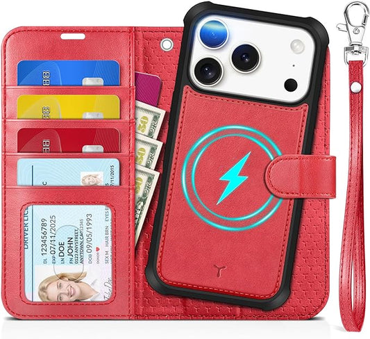 TUCCH Compatible with iPhone 17 Pro (6.3") Detachable Wallet Case with 4 Card Holder, Wireless Charging PU Leather Flip Folio with RFID Blocking Stand Wrist Strap Shockproof Phone Cover 2025, Red