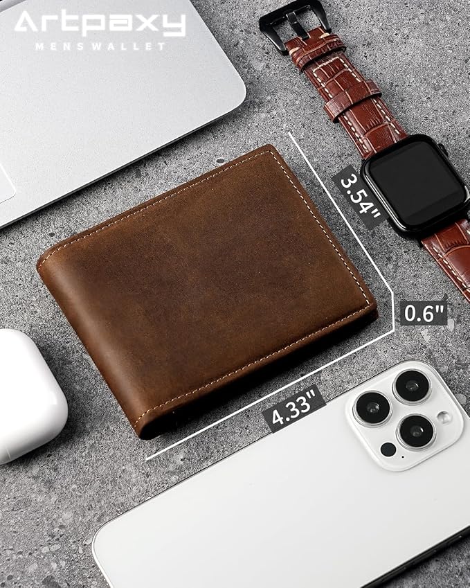 Artpaxy Mens Wallet Genuine Leather Bifold RFID Blocking Wallet for Men with 2 ID Windows 12 Card Holders 2 cash pockets 1 Gift Box