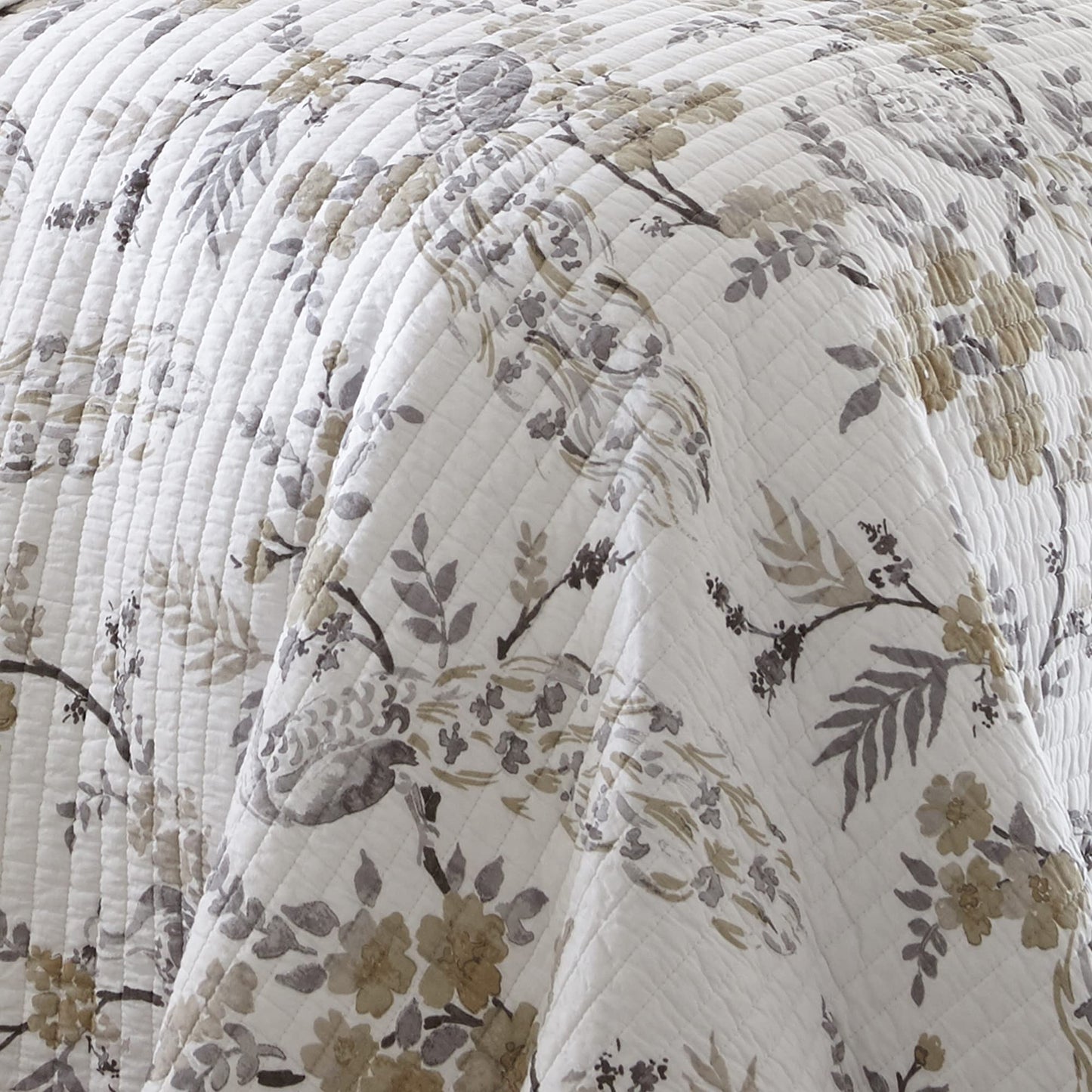 Levtex Home Pisa Reversible King/Cal King Quilt Set (106x92in) with 2 Pillow Shams (36x20in) - Floral Peacock - Grey, Taupe - 100% Cotton King Size Quilt Bedding Set - Lightweight, Soft, Pre-Washed