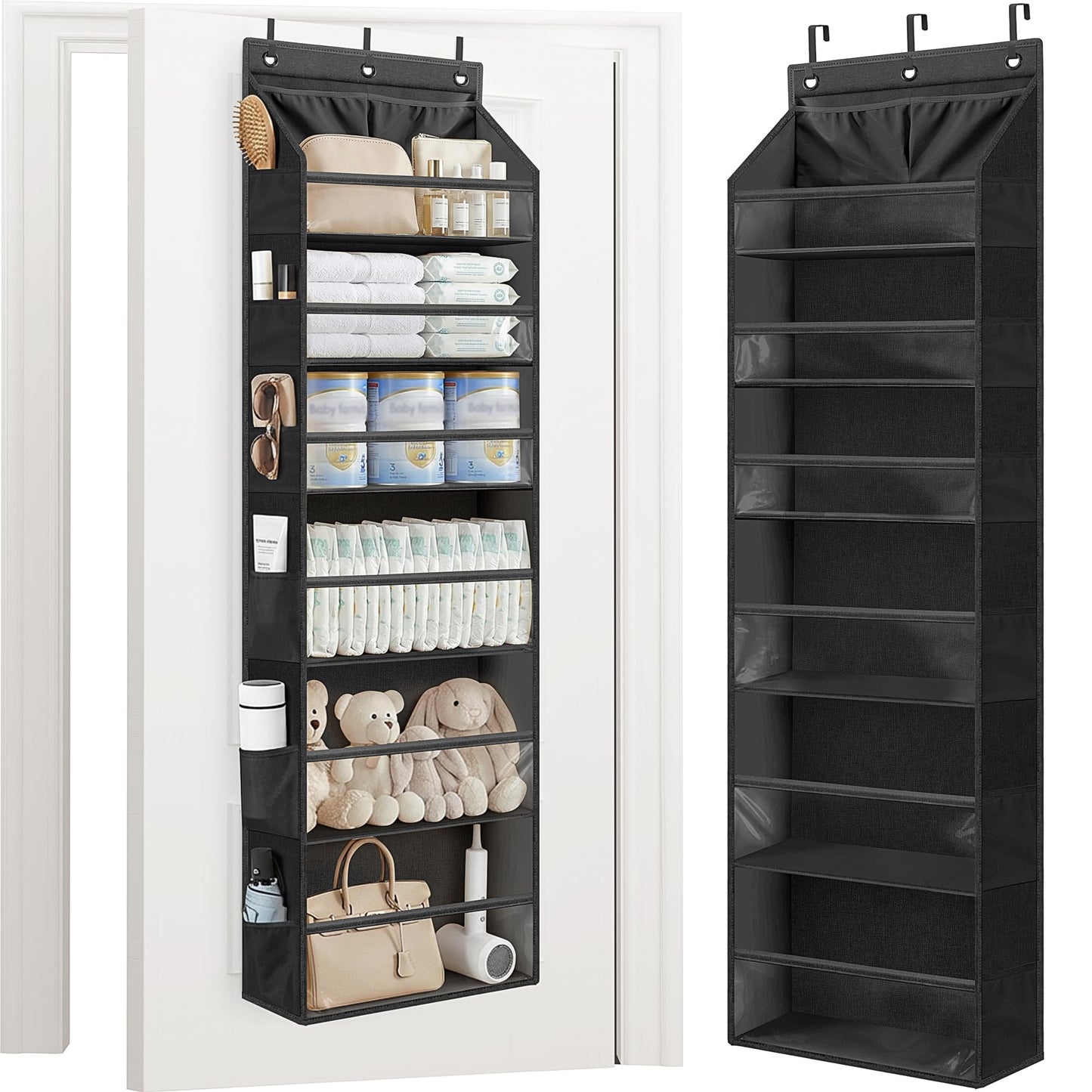 STORAGE MANIAC Over the Door Organizer 6-Shelf Closet Hanging Storage with 14 Mesh Pockets, 66lbs Capacity Clear Deep Pockets Behind Door Storage for Nursery, Bathroom, Bedroom, 1 Pack Black
