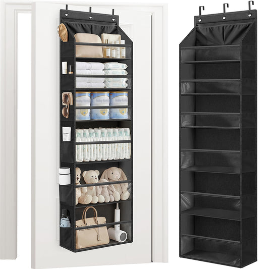 STORAGE MANIAC Over the Door Organizer 6-Shelf Closet Hanging Storage with 14 Mesh Pockets, 66lbs Capacity Clear Deep Pockets Behind Door Storage for Nursery, Bathroom, Bedroom, 1 Pack Black