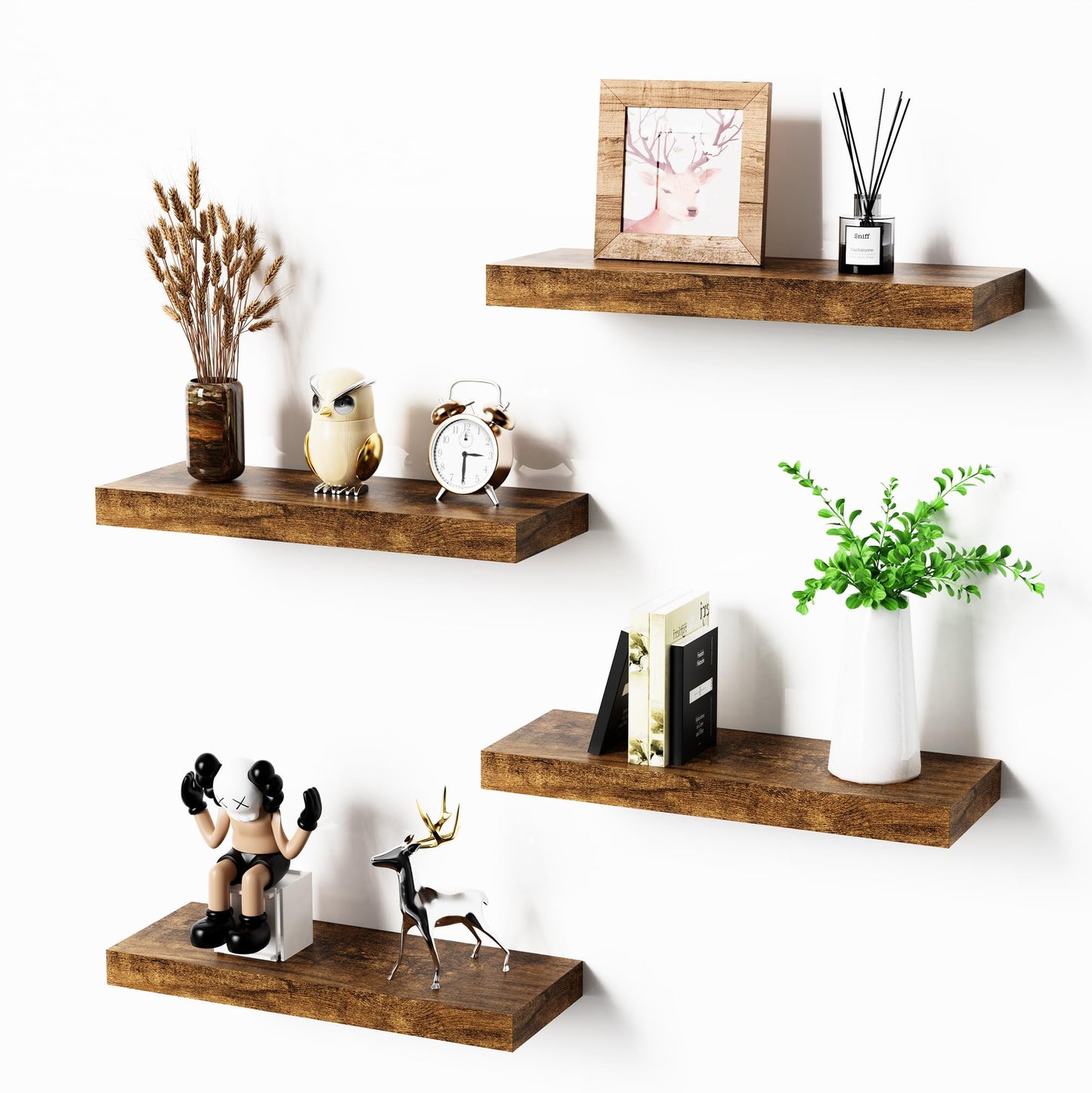 Bellsal Floating Shelves for Wall, Rustic Brown Wood Wall Shelf Set of 4, 16" Walls Mounted Floating Shelf for Kitchen, Living Room, Bedroom, Bathroom Storage, Book Shelf for Walls Home Decor