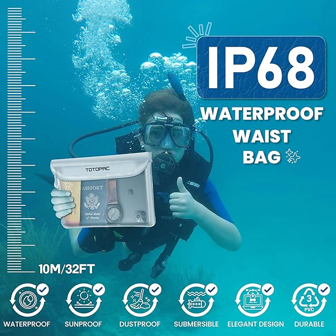 2-Pack Waterproof Fanny Pack, Phone Pouch with Waist Strap, 9x6.7 Inch Dry Bag for Phone, Cash, and Valuables – for Swimming, Kayaking, Boating, Snorkeling, and Water Sports (2, White + White)