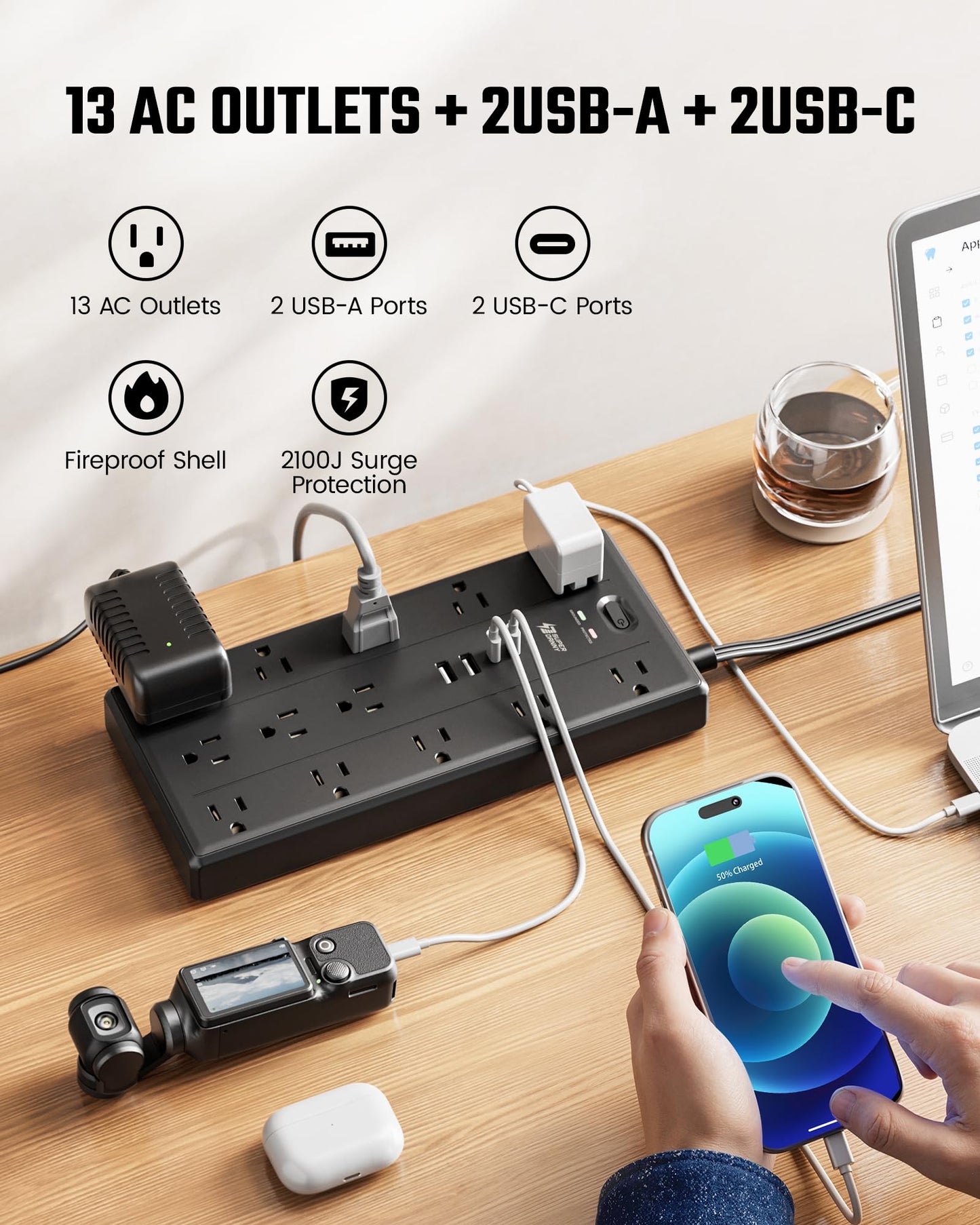 10Ft Extension Cord with Multiple Outlets, Flat Plug Power Strip with 2100J Surge Protector, 13 Outlets, 2 USB A, 2 USB C, Desk USB Charging Station, Home Office, College Dorm Room Essentials, Black