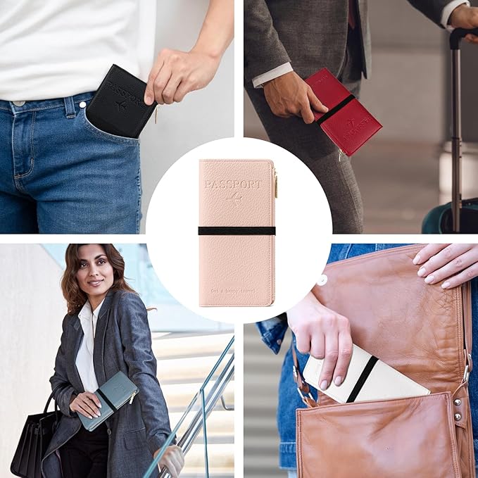 Travel Passport Wallet, RFID Blocking Passport Holder with Zipper, Passport Cover for Women Men, PU Leather Travel Document Organizer with Card Slots, Gift for Family Friends, Brown