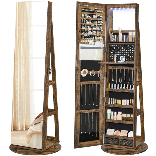 SONGMICS 6 LEDs Lockable Mirror Jewelry Cabinet, 360° Swivel Jewelry Organizer Armoire Standing, Frameless Full-Length Mirror, 3 Storage Shelves, Rustic Brown Surface, Black Lining UJJC007X01