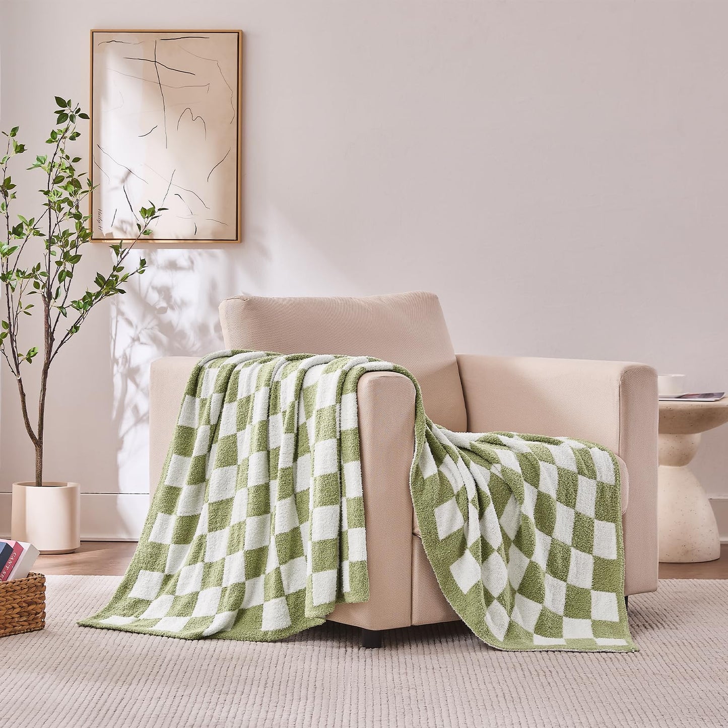 Cozzenity Checkered Throw Blanket, Sage Green Soft Cozy Fluffy Knitted Throw Blankets for Couch, Sofa, Bed, Chair, Warm Fuzzy Travel Picnic Lightweight Plaid Blanket, 50x70 inches