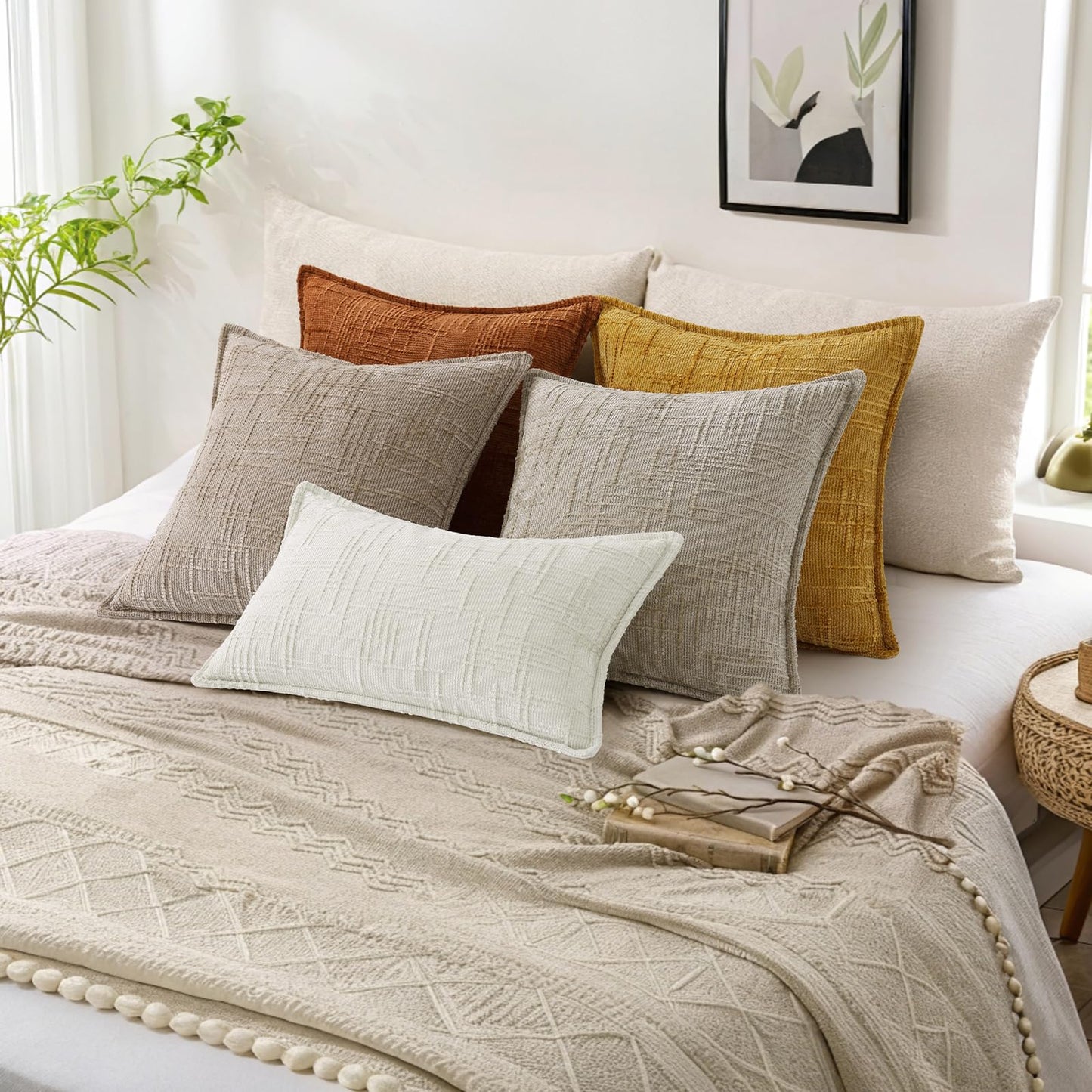 decorUhome Chenille Throw Pillow Covers 26x26 Set of 2, Soft Textured Slubby Modern Decorative Pillow Covers with Elegant Design for Couch, Sofa, Living Room, Cream White