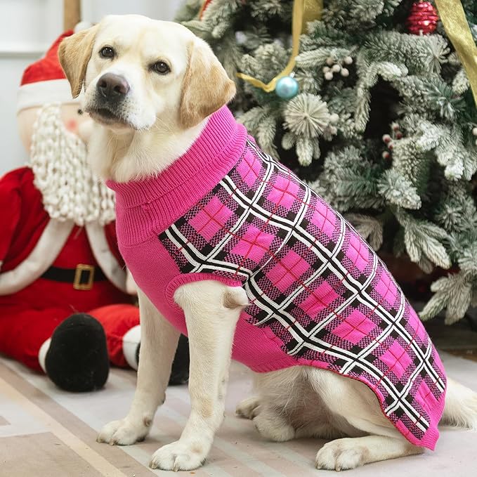 PUPTECK Dog Sweaters for Large Medium Small Dogs - Fall Classic Plaid Style Puppy Holiday Winter Coat Clothes Warm, Fuschia, ML