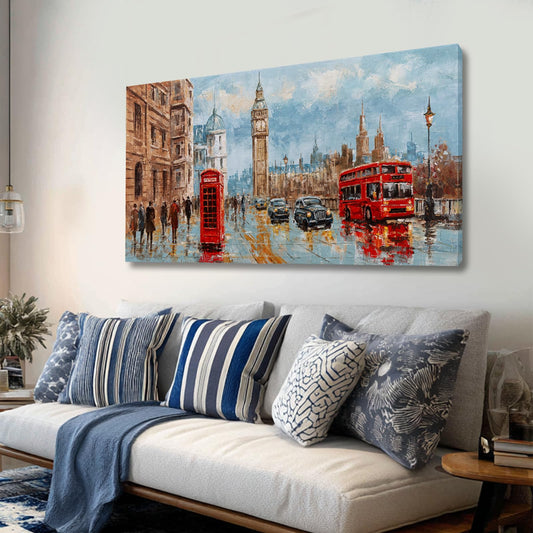 ZUNARE Cityscape Canvas Wall Art with Red Double Decker Bus, Vintage Urban Street Poster picture, European Architecture Artwork for Living Room Bedroom Office Decor 24x48 inch