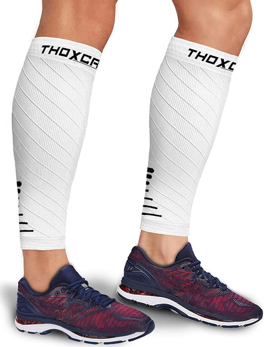 Thoxcare Calf Compression Sleeve for Men Women (1 Pair), Leg Support Footless Compression Socks for Running - Shin Splint Varicose Veins Swelling & Pain Relief, White/Black, X-Large