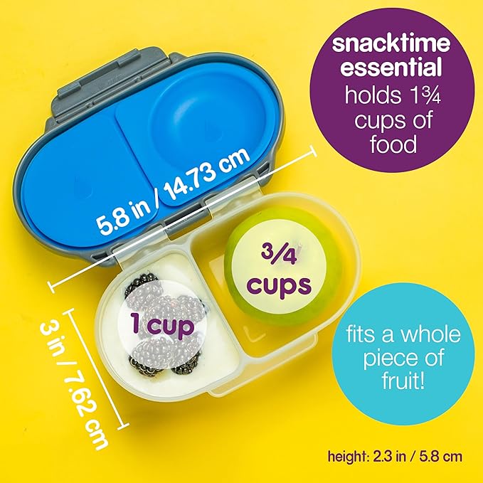b.box Snack Box 2 Pack - Leak Proof Mini Bento Box for Kids & Toddlers, 2 Compartment Snack Containers for Kids, Dishwasher Safe, BPA Free, PFAS Free, Ages 4m+, 1 3/4 Cup Each (Ocean Blue + Slate)