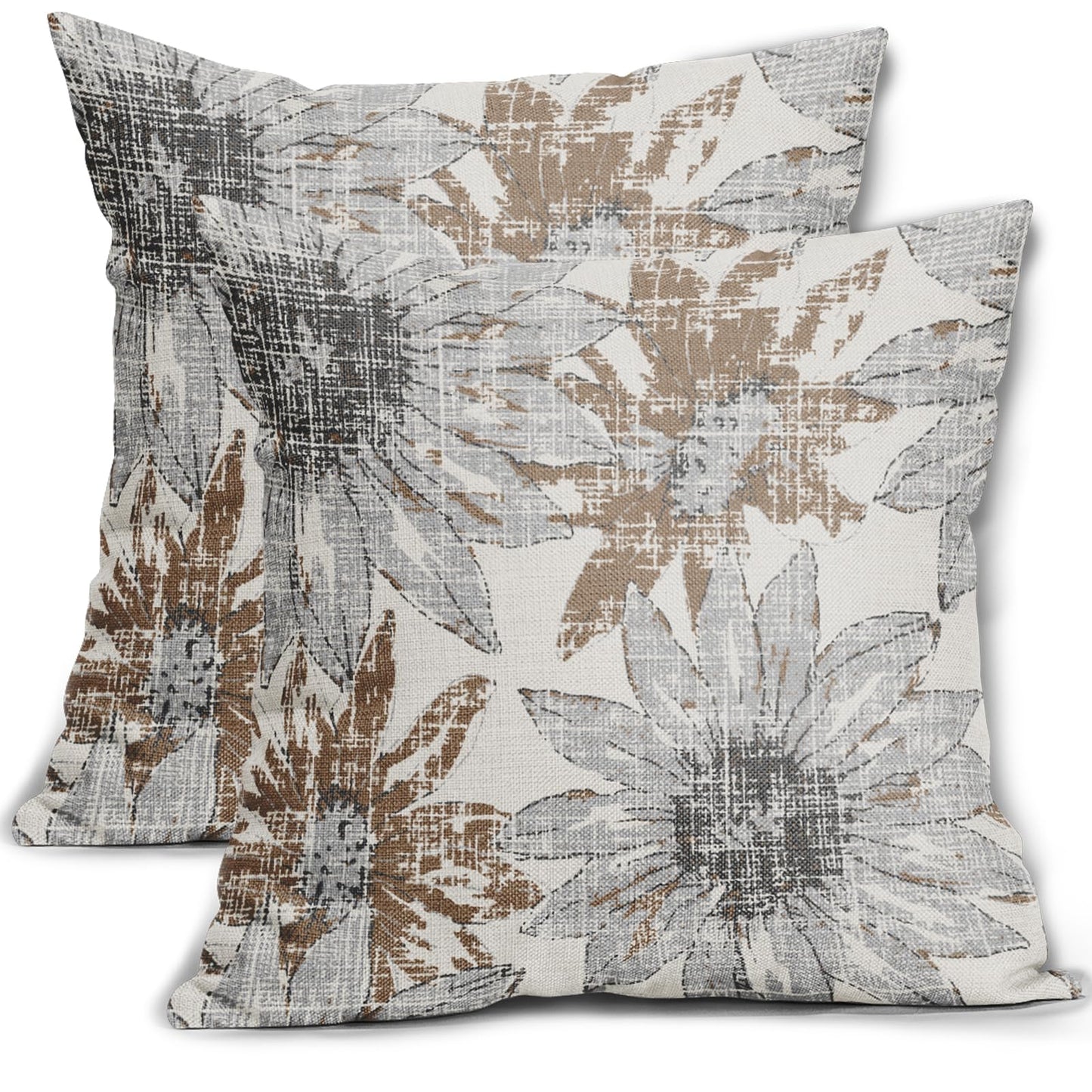 Sweetshow Brown Grey Gray Pillow Covers 18x18 Set of 2 Retro Sunflower Flowers Print Decorative Throw Pillows Outdoor Modern Art Floral Pillowcase Square Linen Cushion Case for Home Sofa Couch Bed