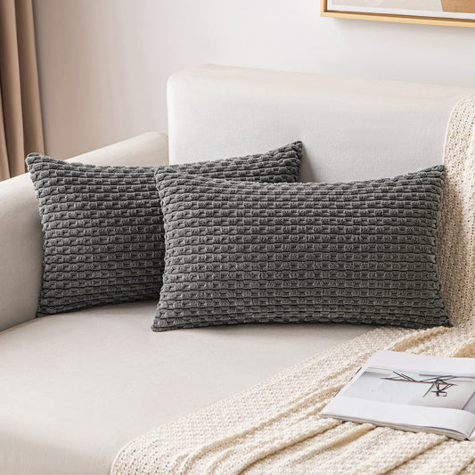MIULEE Pack of 2 Decorative Lumbar Throw Pillow Covers 12x20 Inch Soft Boho Striped Textured Corduroy Pillow Covers Modern Farmhouse Home Decor for Couch Bed Sofa Living Room Dark Grey