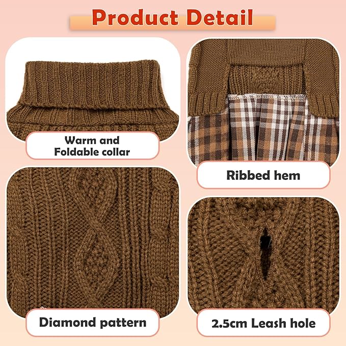YUDODO Small Dog Sweater Dress with Bowtie Turtleneck - Knitted Pet Girl Dog Winter Clothes - Pet Warm Sweater for Puppy Yorkies, Chihuahua (S Brown)