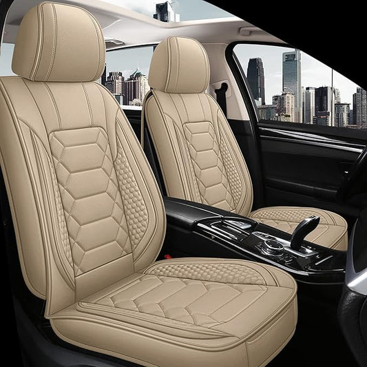 HAIYAOTIMES Leather Car Seat Covers Front Set, Waterproof Faux Leather Seat Covers for Cars, Non-Slip Car Interior Covers Universal Fit for Most Cars Sedans Trucks SUVs, Beige