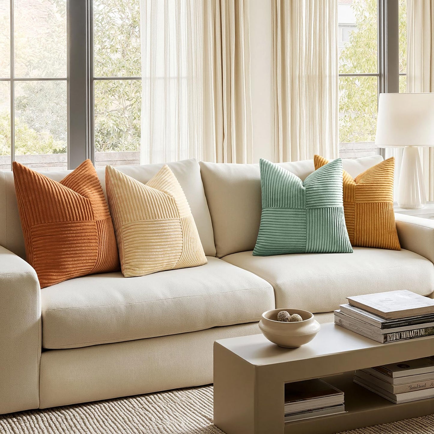 ANRODUO Pack of 4 Decorative Throw Pillows for Couch Orange Teal 18x18 Inch Boho Cozy Soft Corduroy Cushion Covers Farmhouse Accent Pillowcases for Mid Century Summer Home Decor Sofa Bed Living Room