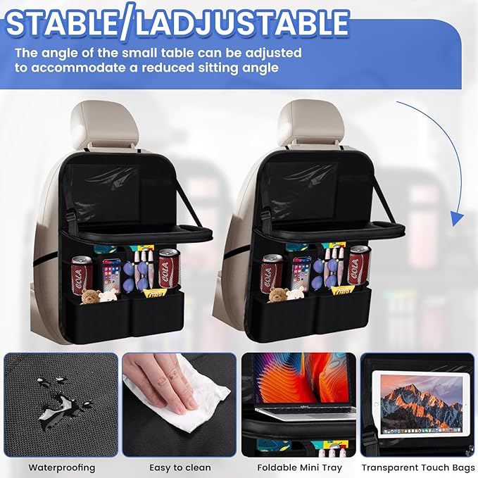 The car rear seat storage unit comes with a flat rack, 13 storage compartments, a foldable tray table, a rear seat kick pad, and can hold snacks and toys. It's black (2pieces【Dining table style】)