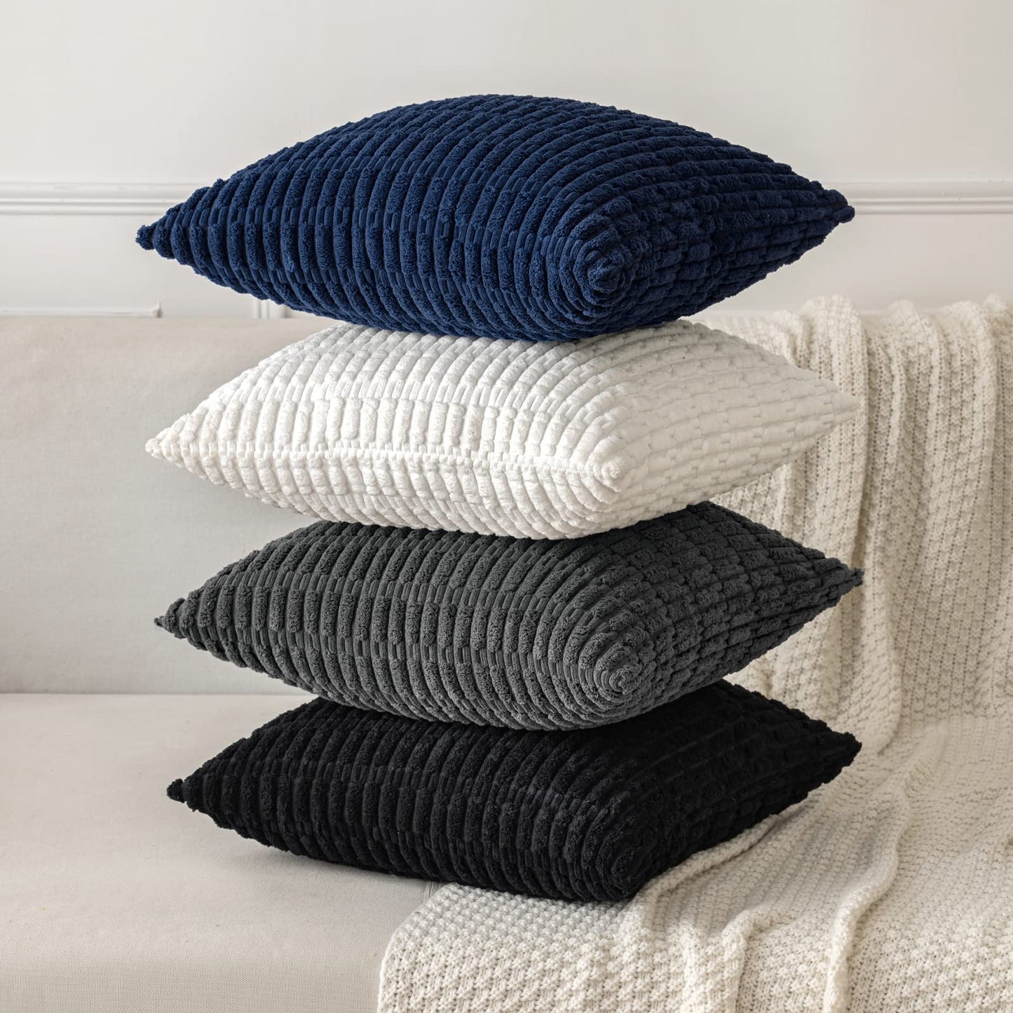 MIULEE Pack of 2 Corduroy Decorative Throw Pillow Covers 20x20 Inch Soft Boho Striped Pillow Covers Modern Farmhouse Home Decor for Halloween Sofa Living Room Couch Bed Black