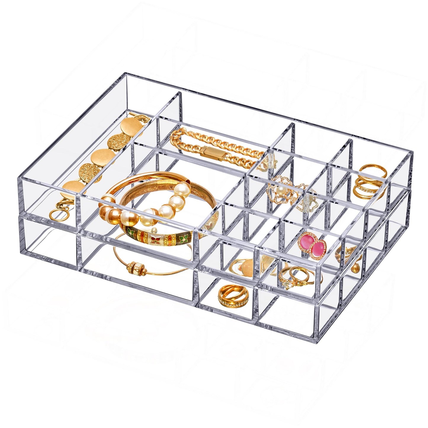 Amazing Abby - Jewel - 2-Pack Acrylic Jewelry Organizer, Plastic Jewelry Tray, Jewelry Case, Trinket Tray, Ring Holder, Perfect Storage Solution for Necklaces, Bracelets, Rings, and More