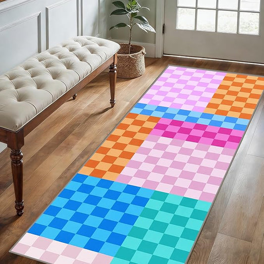 Multicolored Checkerboard Grid Runner for Entryway, 2.6x10ft, Boho Colorful Checkered Pattern Kids Playing Mat, Cozy Soft Absorbent Reduce Noise Rugs, Durable Washable Carpet for Family
