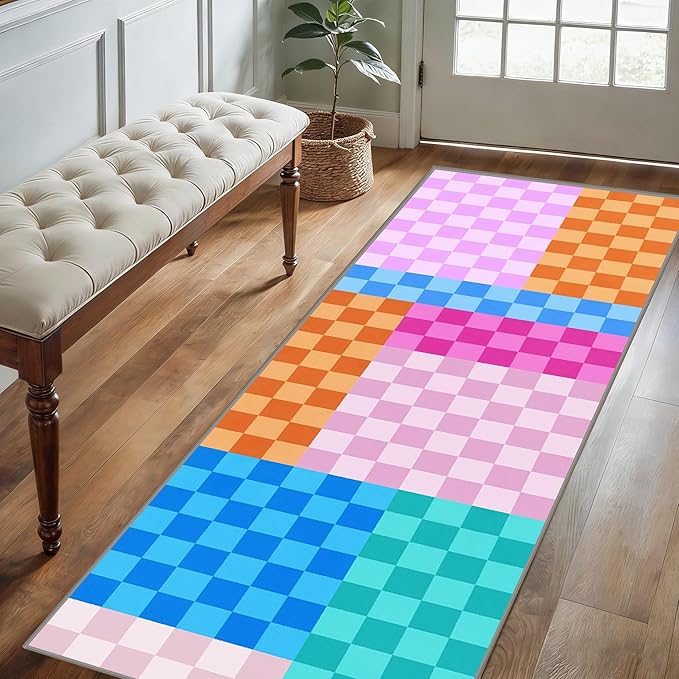 Multicolored Checkerboard Grid Runner for Entryway, 4x12ft, Boho Colorful Checkered Pattern Kids Playing Mat, Cozy Soft Absorbent Reduce Noise Rugs, Durable Washable Carpet for Family