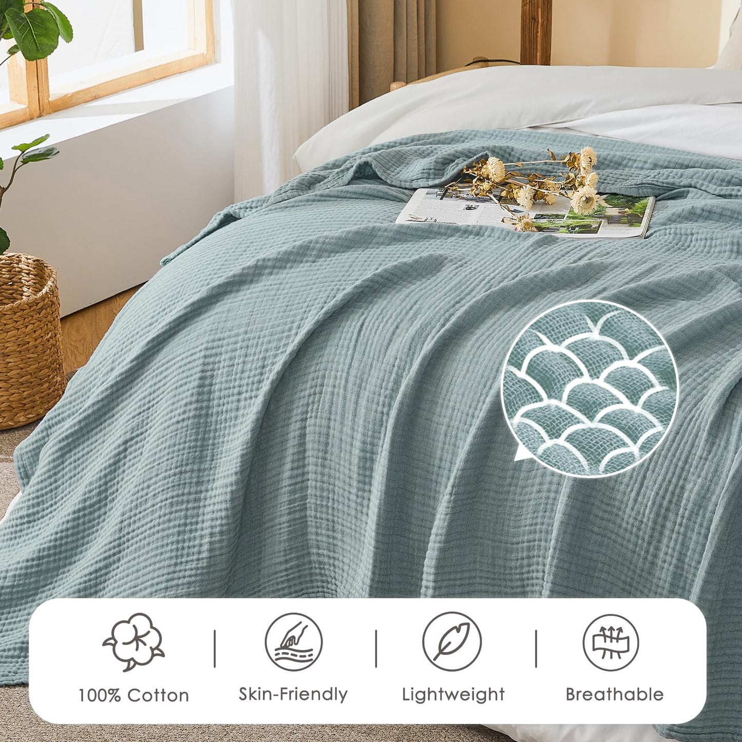 EMME Cotton Muslin Large Throw Blanket 4-Layer Couch Breathable Gauze Soft Lightweight Bed Blankets Adults Two-Tone Weave Design, Pre-Washed Softer Touch (Heather Teal, 50"x70")