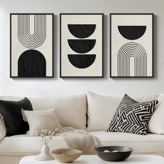 Framed Boho Black and White Abstract Wall Art, 3 Piece Modern Beige Canvas Prints Paintings Artwork for Walls, Black Geometric Pictures for Living Room Bedroom Hallway Office Wall Decor 16x24 In