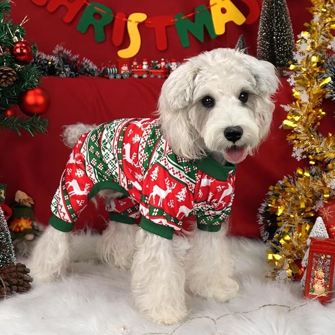 Xpudac 4 Pack Dog Christmas Pajamas Reindeer Puppy Clothes Cute Santa Claus Dog Pajamas Costumes Outfit Red Green Medium