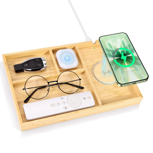 Bamboo Valet Tray with Dual Wireless Charger - EDC Nightstand Organizer for Men - Desk Tray & Catchall for Phone, Watch, Keys - Aesthetic Desk Accessories & Father’s Day Gift for Men (Natural)
