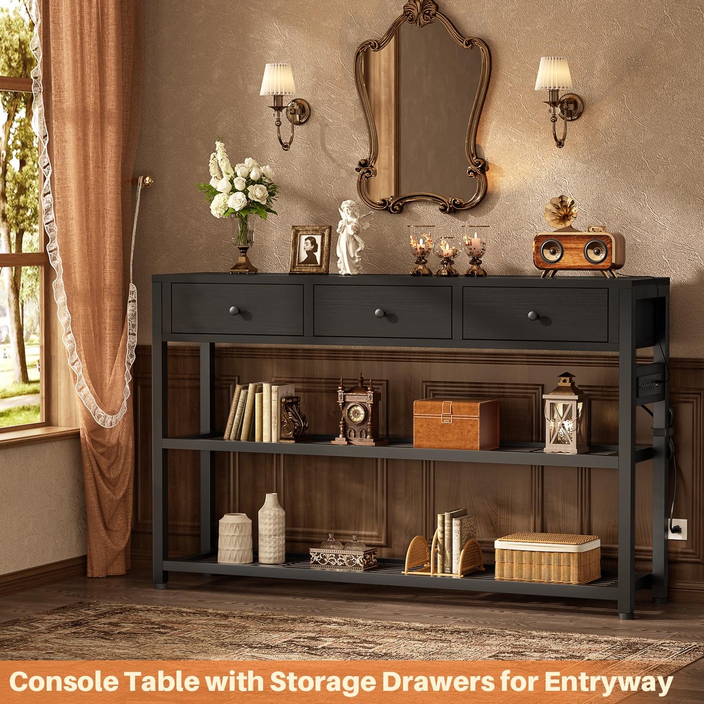 Ecopriso 47'' Entryway Table with Outlets and USB Ports, Console Table with 3 Drawers, Sofa Table Narrow Long with Storage Shelves for Living Room, Couch, Hallway, Foyer, Kitchen Counter, Black